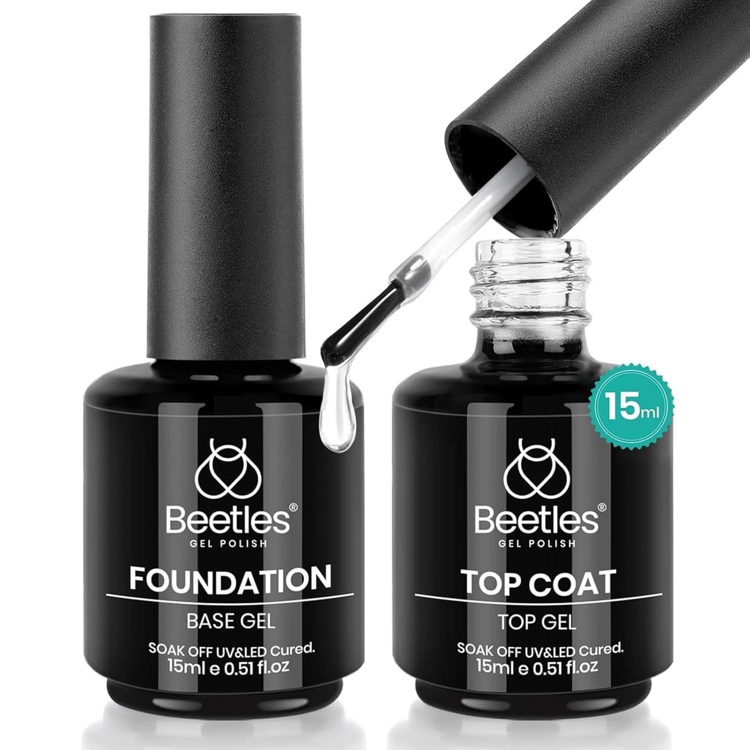 Beetles 2 Pcs 15ml No Wipe Gel Top Coat and Base Coat Set – Shine Finish and Long Lasting Soak Off LED Nail Lamp Gel Base Top Coat Finish Nail Art Design Manicure Gifts for Women