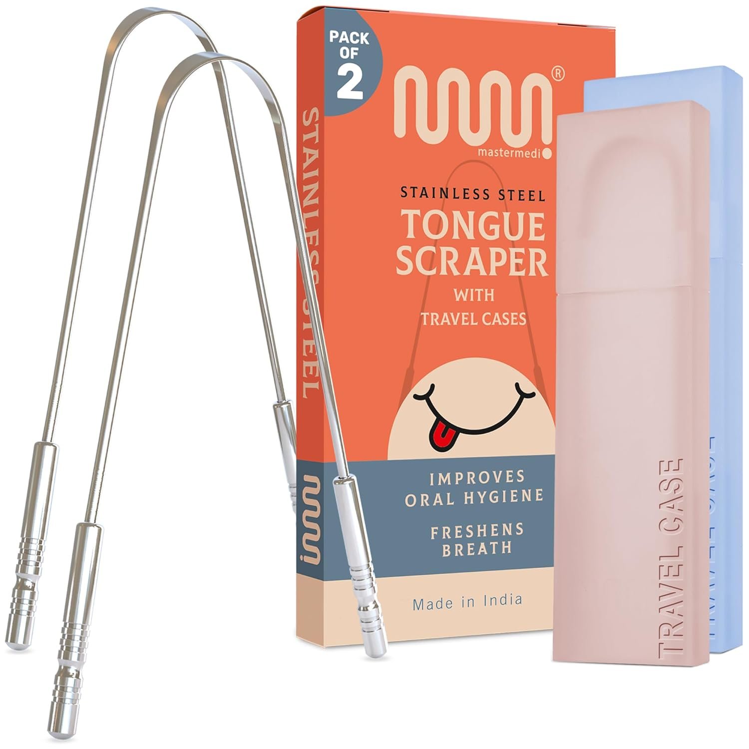 MasterMedi Tongue Scraper for Adults with Multicolor Travel Cases (2 Pack), 100% Stainless Steel, Reduce Bad Breath, Tongue Scrubber, Easy to Use, Tongue Cleaner for Oral Care & Hygiene