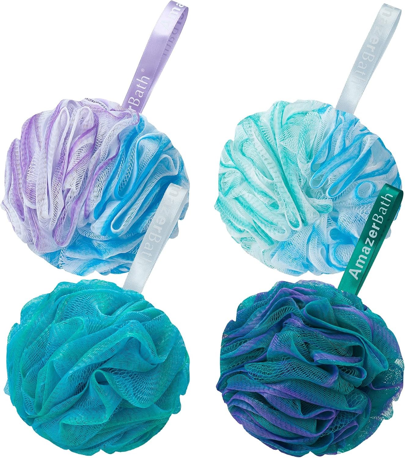 AmazerBath Loofah Sponge 75g/Piece, Exfoliating Bath Sponge Body Scrubber – Loofa Set of 4 Flower Color (Large, Green-Purple)