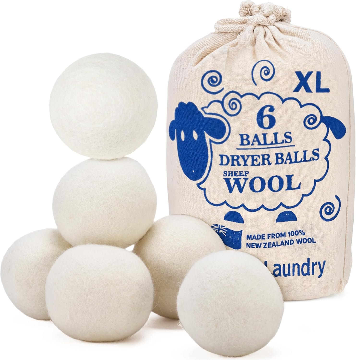 Handy Laundry Wool Dryer Balls – Natural Fabric Softener, Reusable, Reduces Clothing Wrinkles and Saves Drying Time, Better Alternative to Plastic Balls and Liquid Softener (Pack of 6)